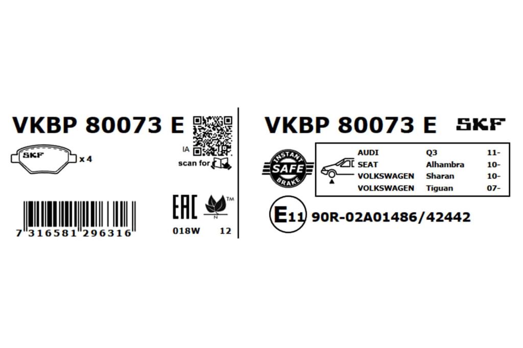 Jeu de 4 plaquettes de frein SKF ref. VKBP 80073 E